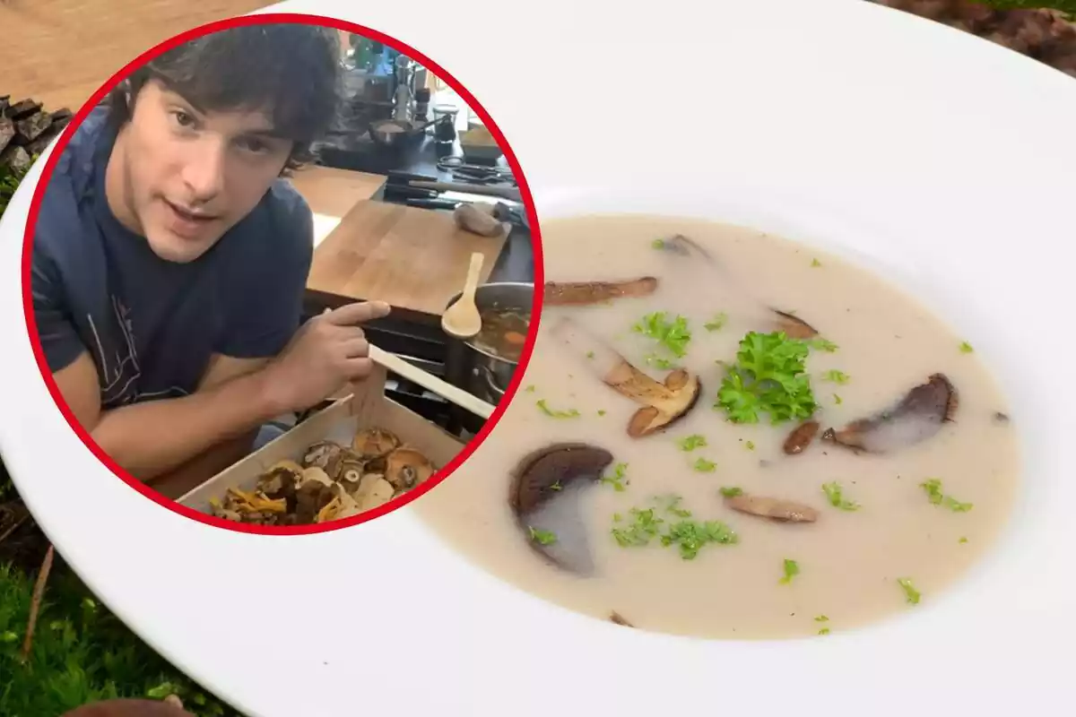 Montaje con un plato con crema de setas y un círculo con el reconocido chef Jordi Cruz en una cocina