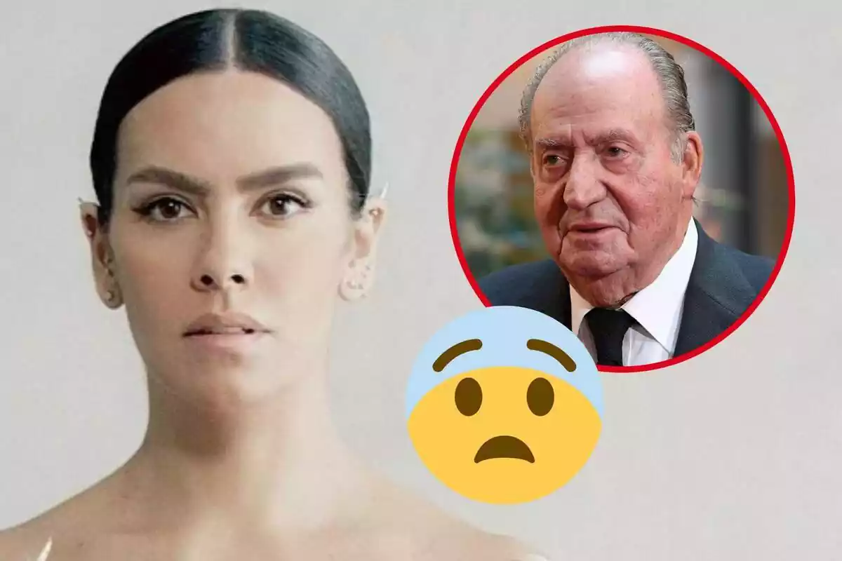 Montaje de Cristina Pedroche seria con el pelo recogido, Juan Carlos I con el rostro neutro y un emoji asustado