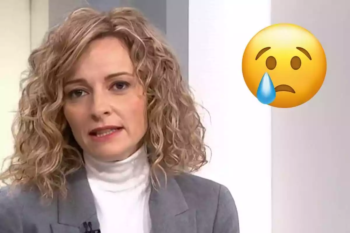 Montaje de Cristina Riba hablando con un cuello alto blanco y un emoji llorando