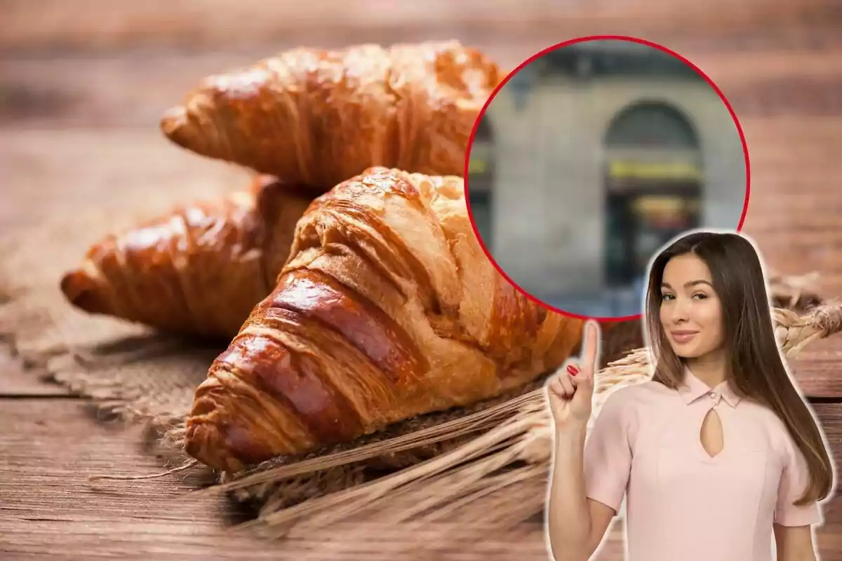 Una mujer señalando hacia un grupo de croissants sobre una superficie de madera.