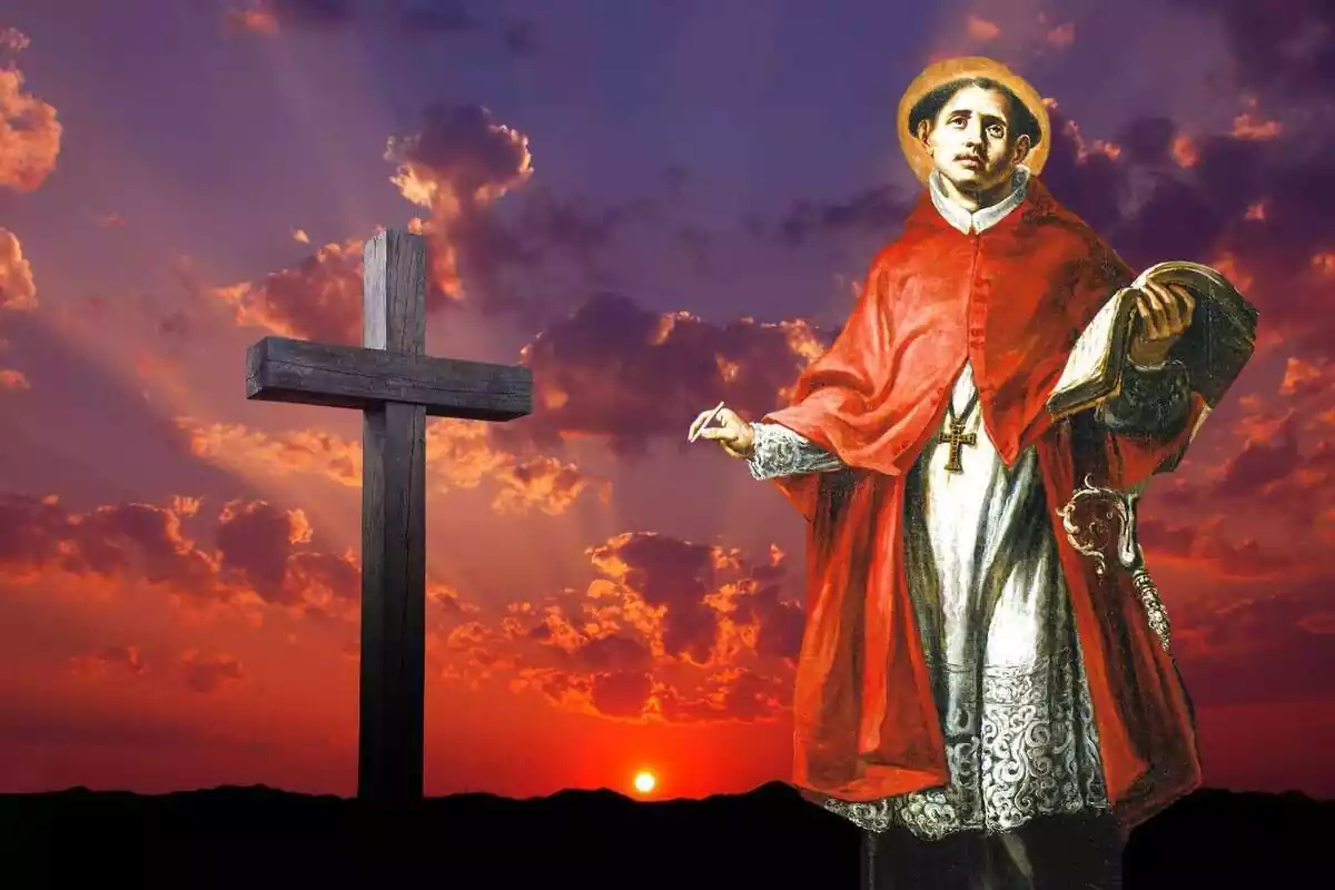 Montaje del retrato de San Buenaventura junto a una cruz