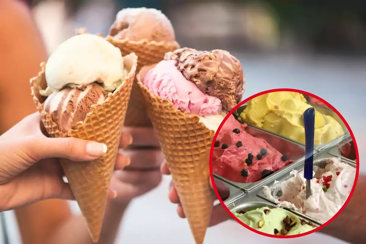 Montaje con tres helados de cucurucho y un círculo con un mostrador de una heladería con varios sabores de helado