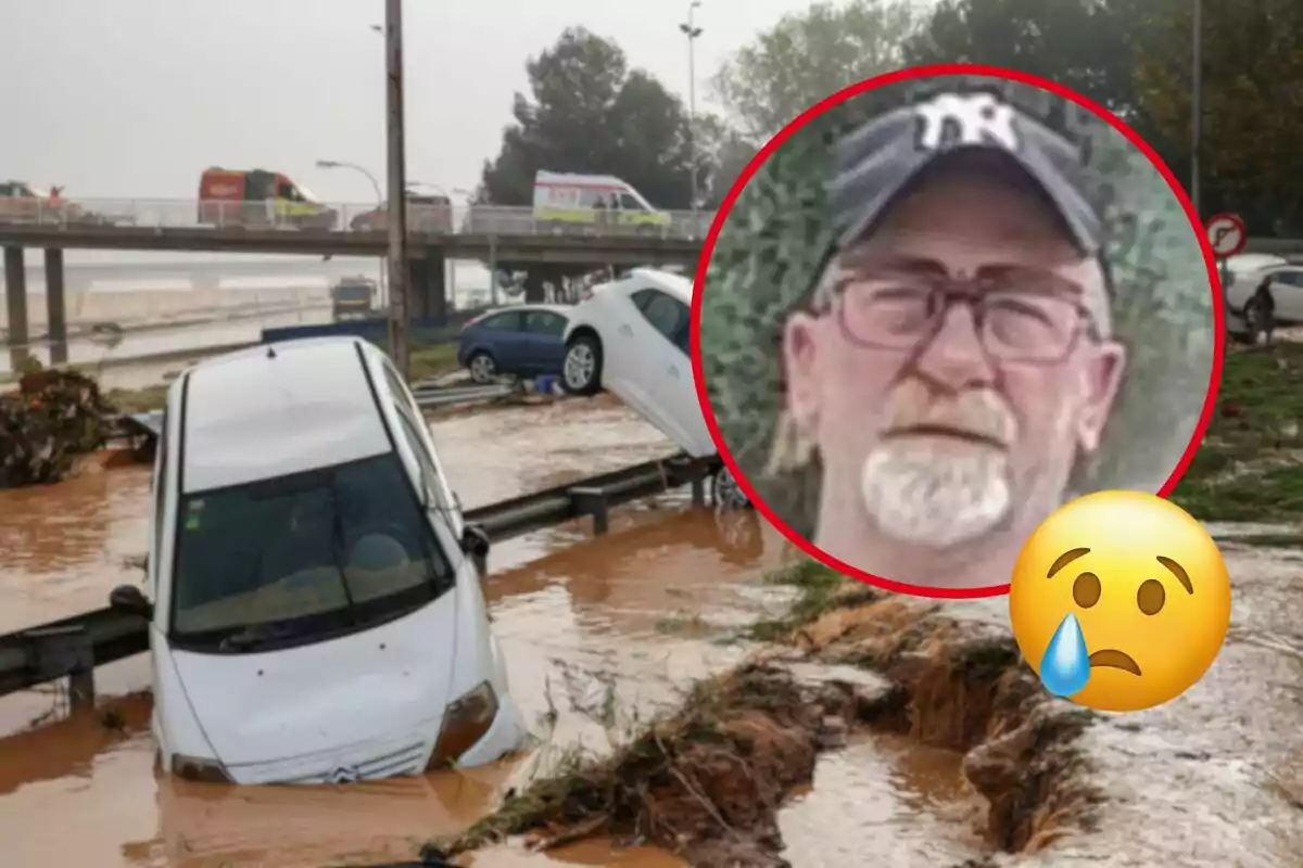 Un coche blanco atrapado en una inundación con un retrato de un hombre en un círculo rojo y un emoji llorando superpuesto.