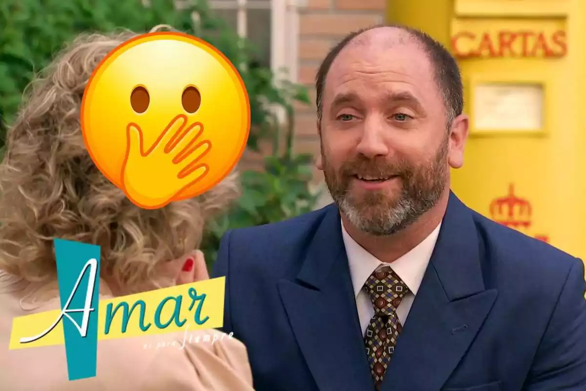 Montaje de 'Amar es para siempre' con Daniel hablando con una corbata marrón, el logo de la serie y un emoji con la mano en la boca