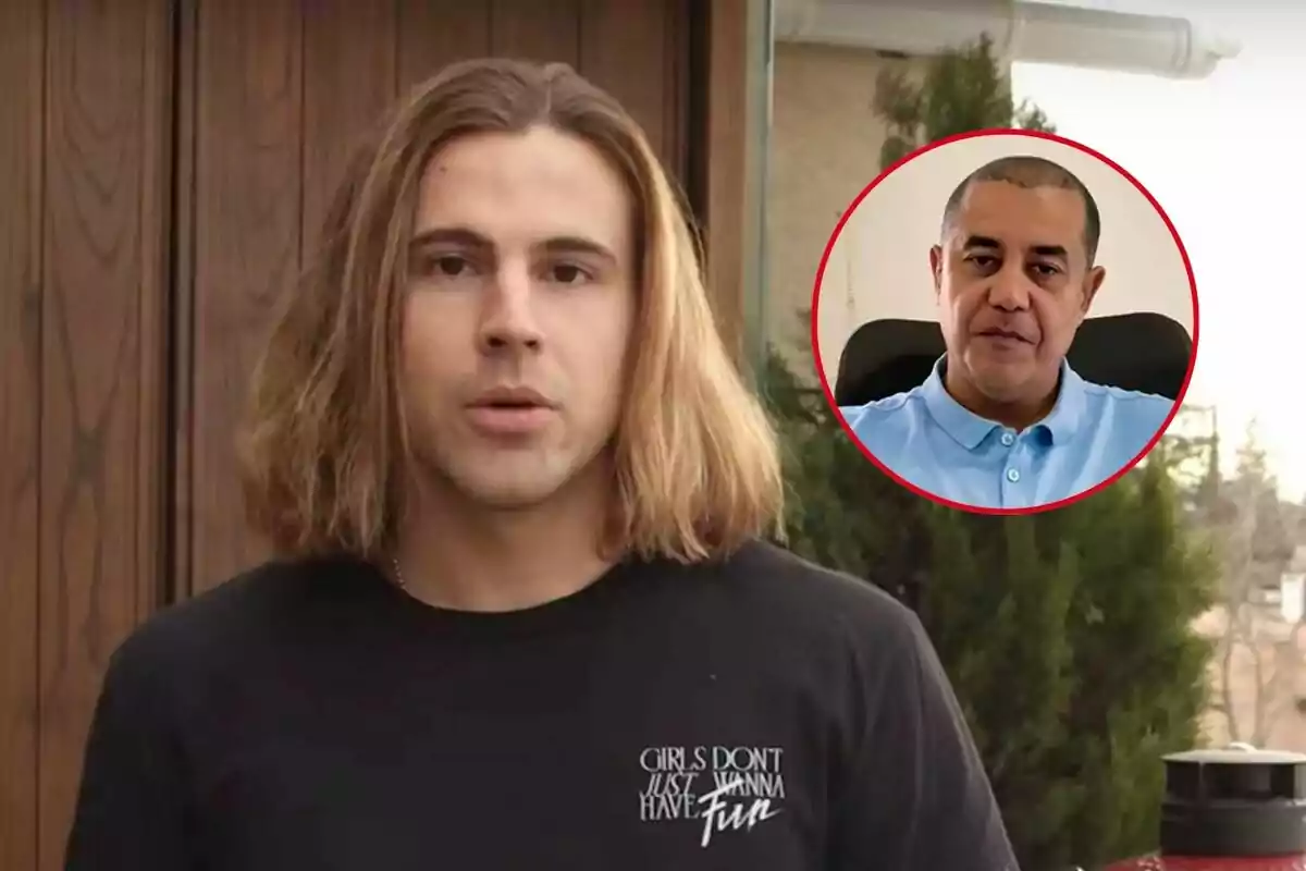 Un hombre con cabello largo y rubio, vistiendo una camiseta negra con la frase "Girls don't just wanna have fun", y un recuadro con la imagen de otro hombre de cabello corto y canoso, vistiendo una camiseta azul.