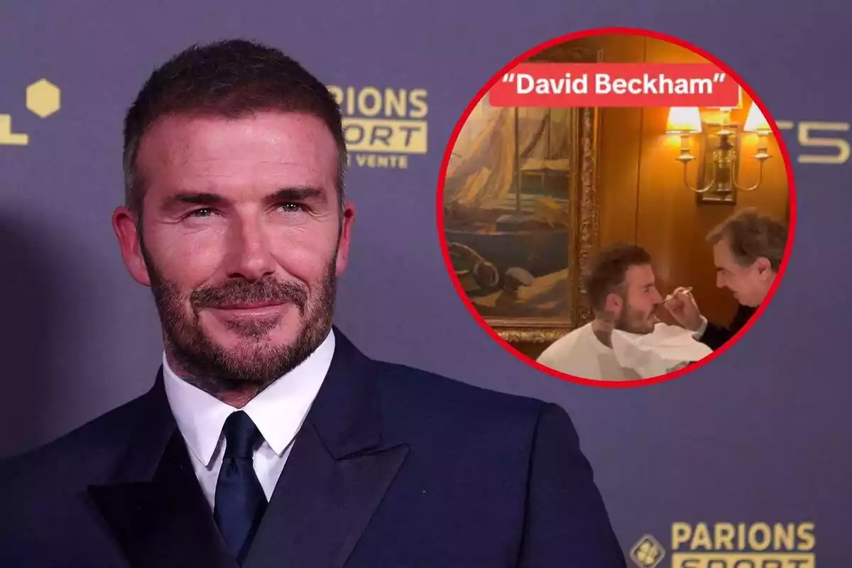 Montaje con David Beckham en traje y una captura de TikTok con un camarero dándole de comer