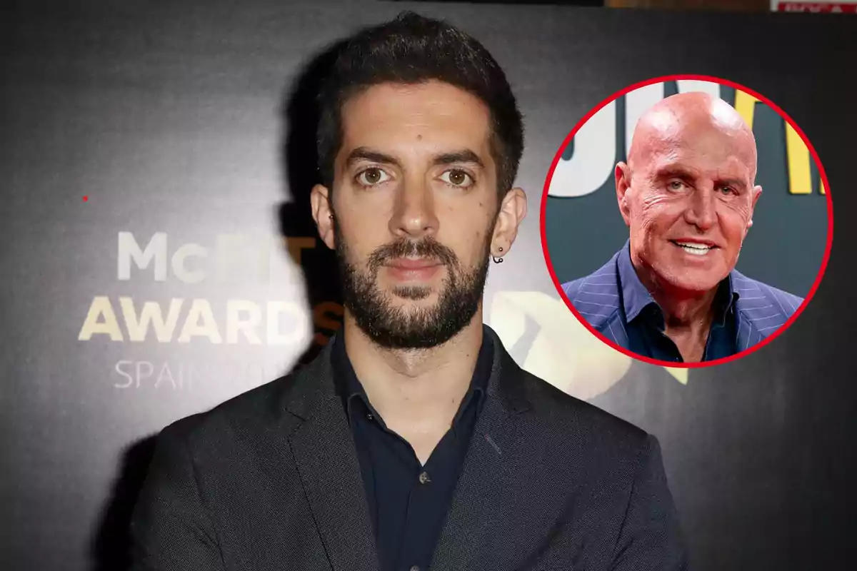 David Broncano con barba y traje oscuro en un evento de premios, con una imagen circular de Kiko Matamoros en la esquina superior derecha.