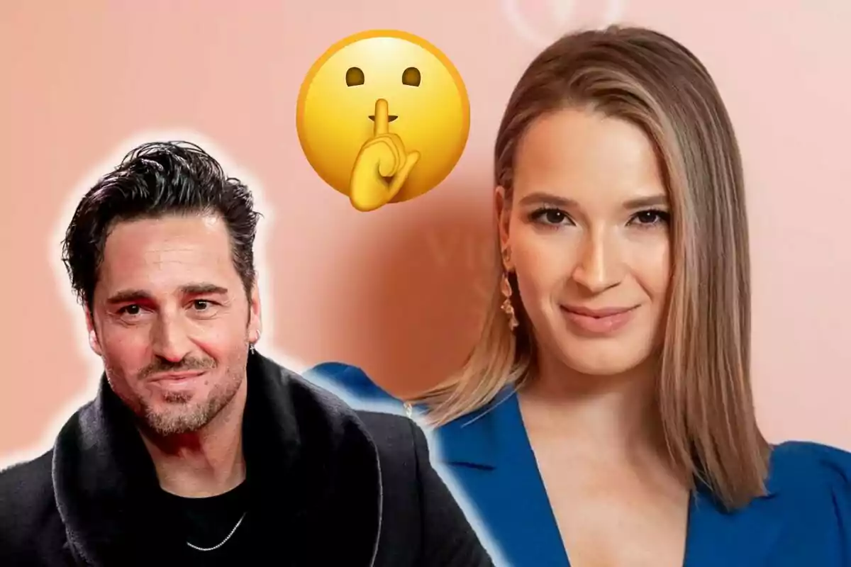 David Bustamante e Yana Olina posan frente a un fondo color durazno con un emoji de silencio entre ellas.