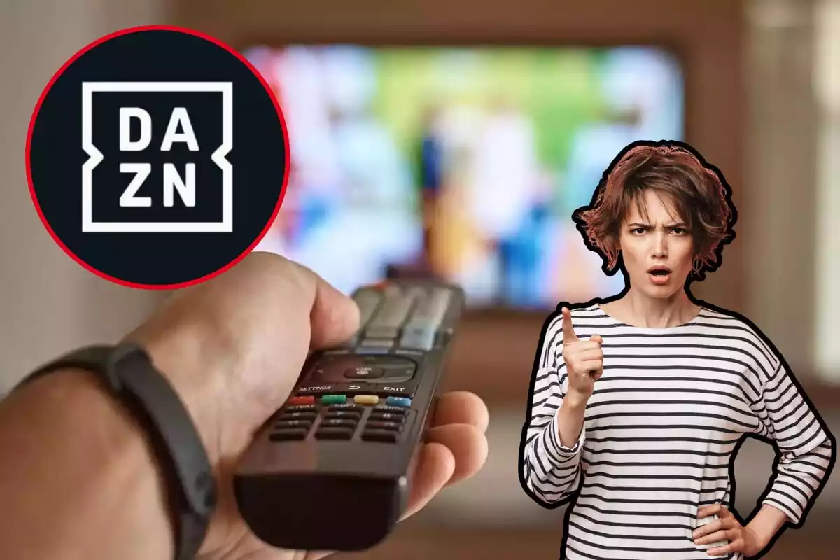 Una mujer con rostro serio, al fondo un mando a distancia y un televisor, y en el círculo, el logo de DAZN
