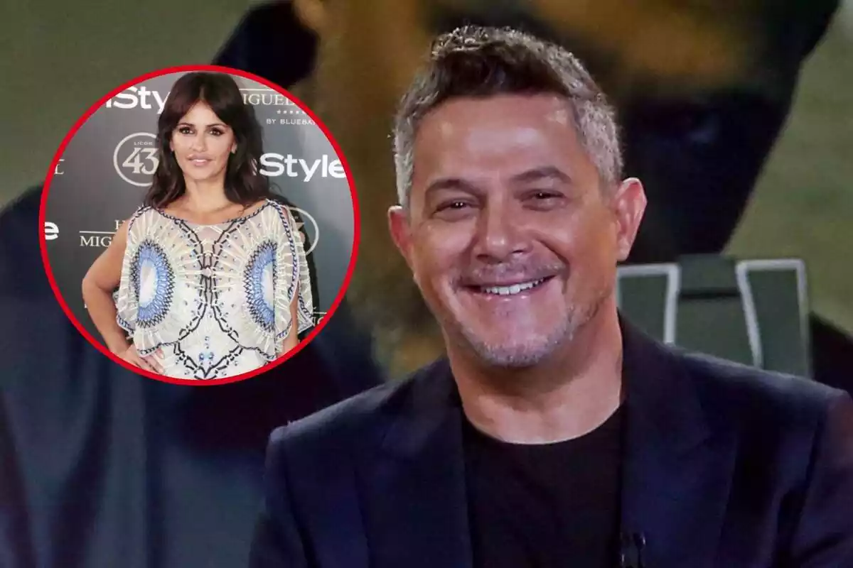 Montaje de Alejandro Sanz sonriendo con una foto de Mónica Cruz posando en un evento