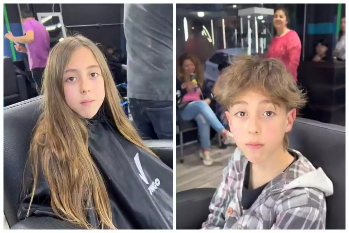 Montaje de fotos del antes y el después de una chica joven, de lado, después de cortarse mucho el pelo