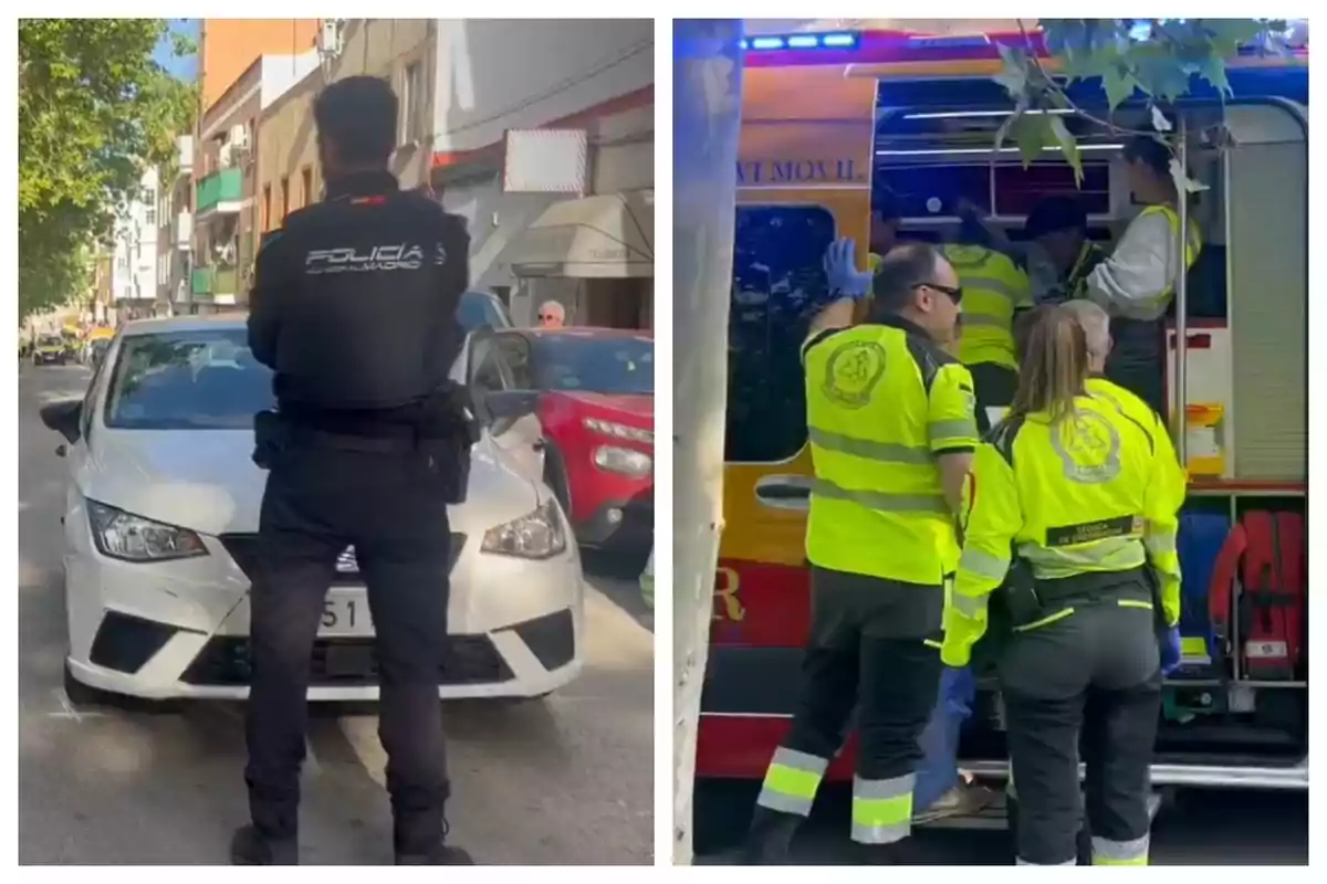 Un policía observa un coche blanco en una calle mientras un grupo de paramédicos atiende una emergencia en una ambulancia cercana. Un policía observa un coche blanco en una calle mientras un grupo de paramédicos atiende una emergencia en una ambulancia cercana.