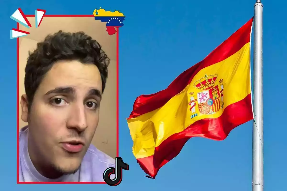 Montaje de dos fotos del tiktoker @carlossdavila08 donde aparece con rostro serio y, al lado, tiene la bandera de España ondeando