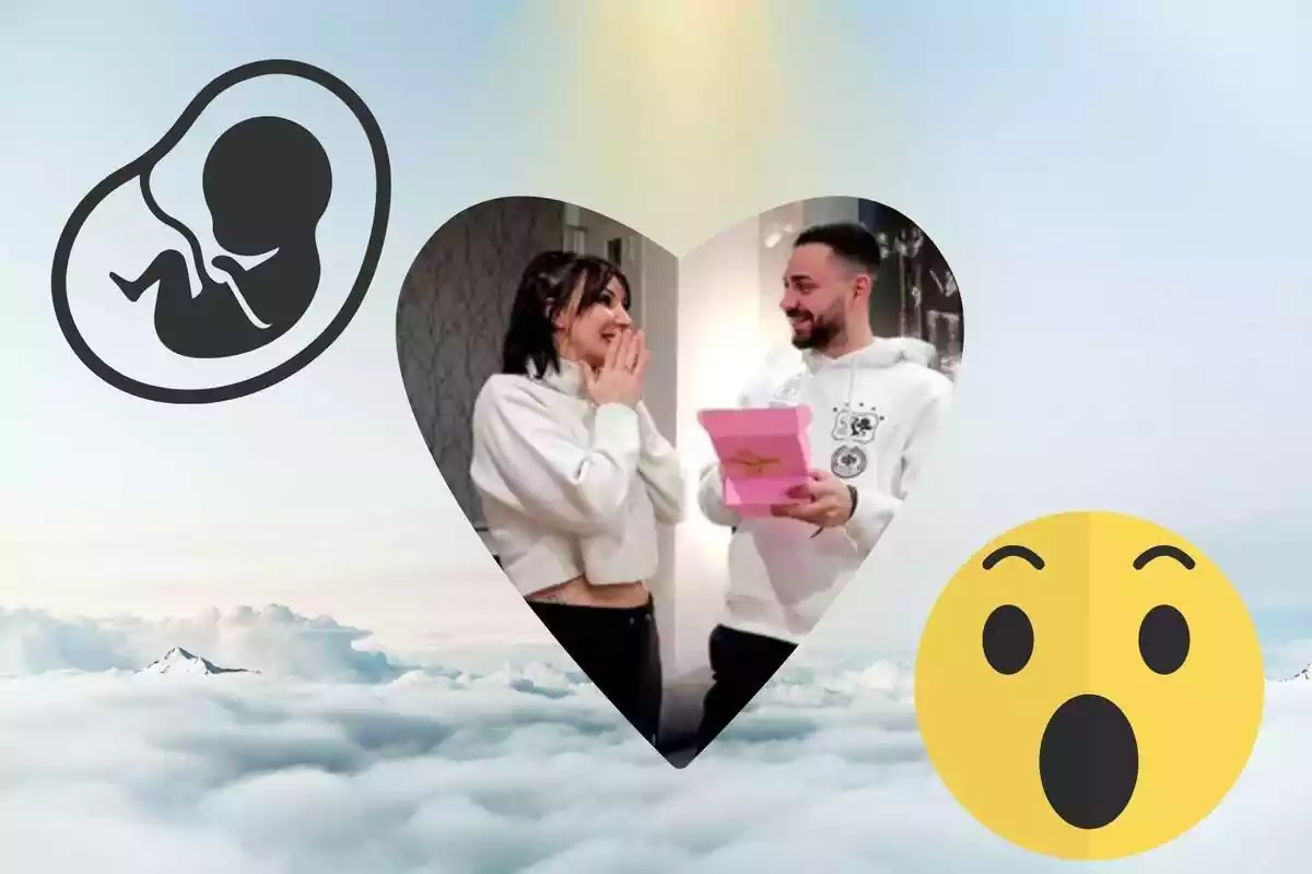 Montaje de Fani con su pareja en un corazón con un cielo de fondo y un bebé