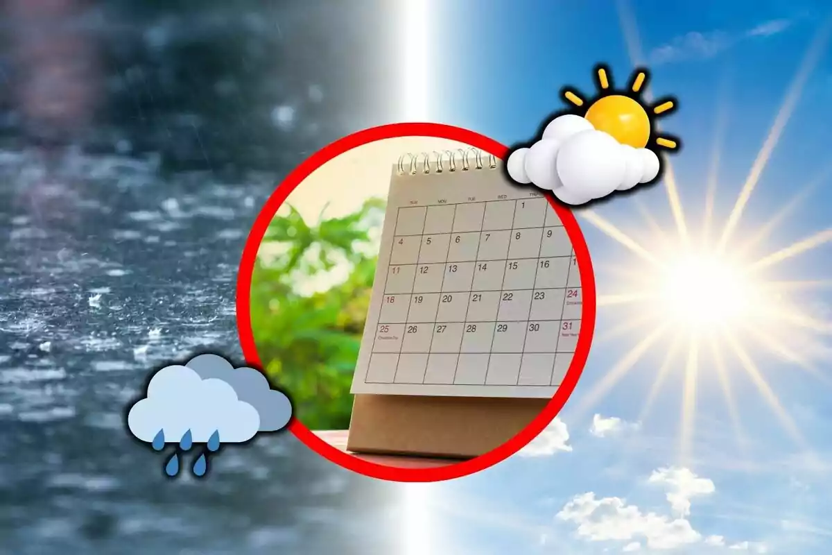 Imagen de un calendario en el centro con un fondo dividido entre un clima lluvioso a la izquierda y soleado a la derecha. Imagen de un calendario en el centro con un fondo dividido entre un clima lluvioso a la izquierda y soleado a la derecha.