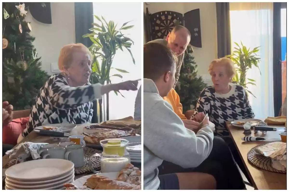 Montaje de fotos de la abuela del usuario juanmi_ayuso de TikTok mientras le gastan una broma durante una comida familiar