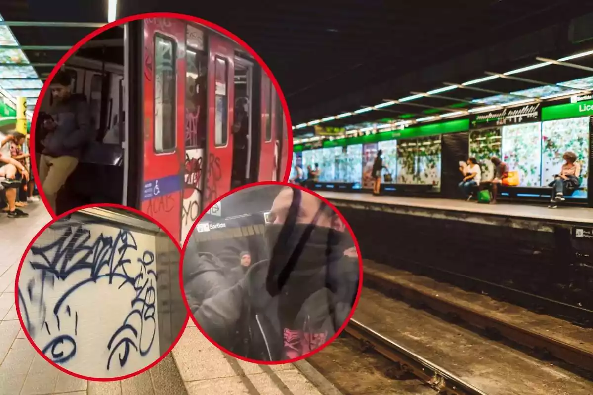 Montaje de fotos de un plano general de las vías de un metro y, al lado, imágenes de un acto vandálico que se produco en enero de 2024 en Barcelona