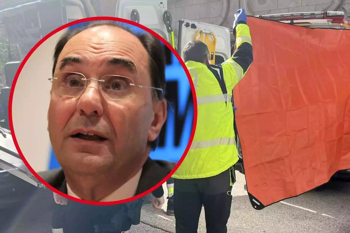 Montaje de fotos de Alejo Vidal-Quadras y de fondo los técnicos de Emergencias Madrid curándolo tras el disparo
