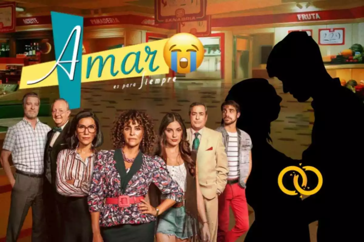 Montaje de fotos de los principales actores de la serie 'Amar es para siempre' y, al lado, la silueta de una pareja con unos anillos rotos en señal de divorcio y un emoji llorando