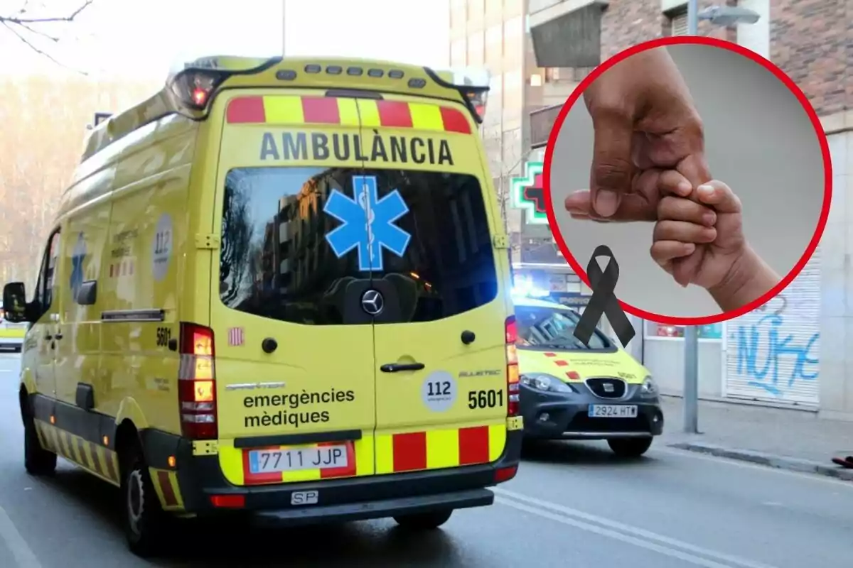 Montaje de fotos de una ambulancia, dos manos y un lazo negro
