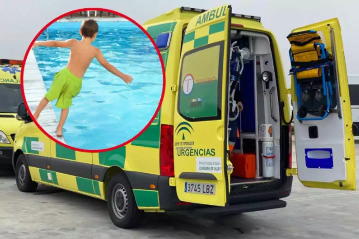 Montaje de fotos de una ambulancia de Andalucía con una redonda al lado que tiene la imagen de un niño cayéndose a la piscina