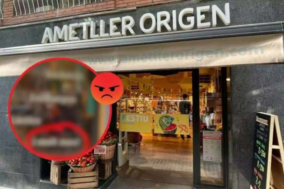 Montaje de fotos Ametller Origen y un emoji enfadado