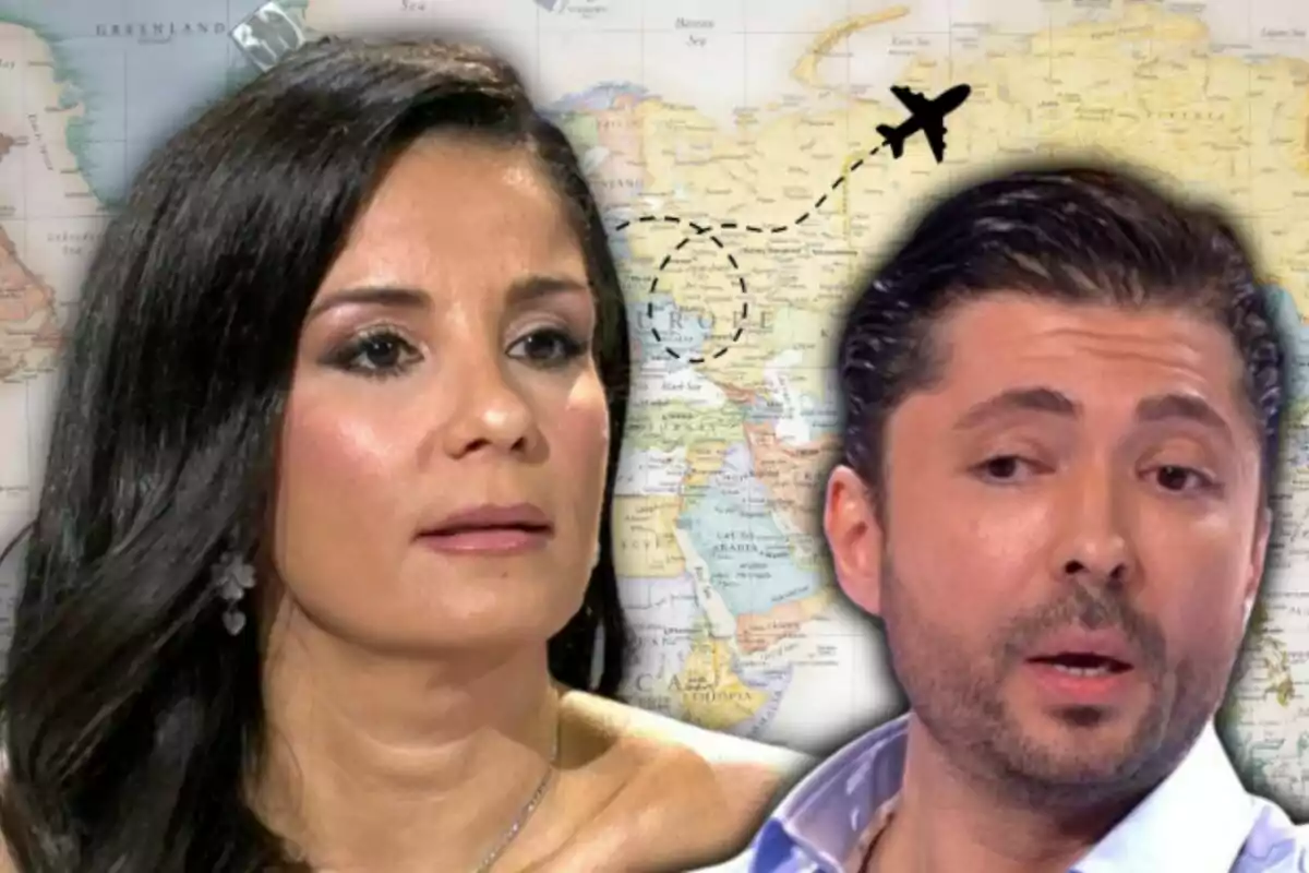 Ángel Cristo y Ana Herminia en primer plano con un mapa de fondo y un avión dibujado sobre él.