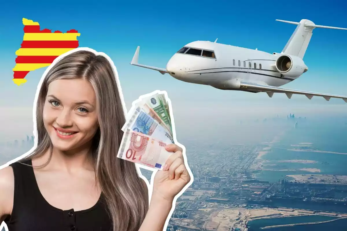 Montaje de fotos de un avión sobrevolando el cielo y, al lado, una persona sujetando billetes de euro con la silueta de Cataluña de fondo