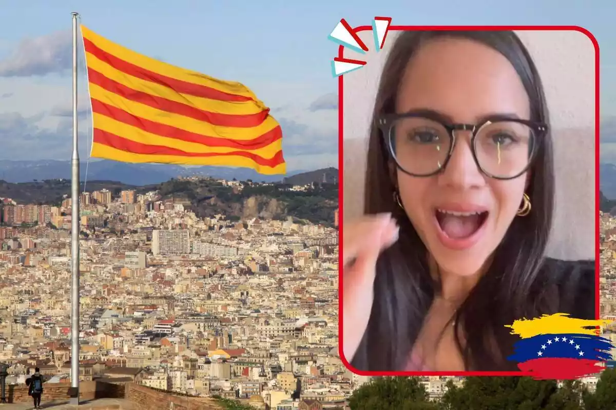 Montaje de fotos de la tiktoker venezolana Tatiana Izquierdo y, de fondo, una bandera de Cataluña