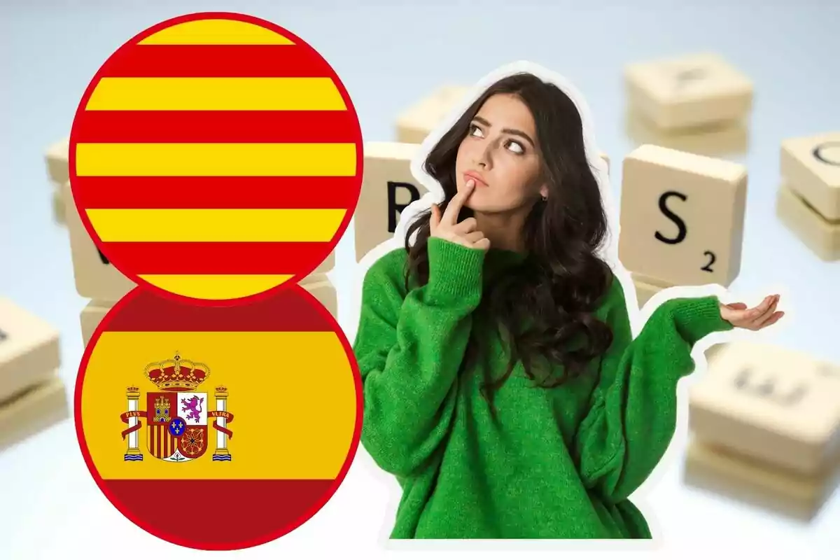 Montaje de fotos de bandera de España y Cataluña con chica pensativa