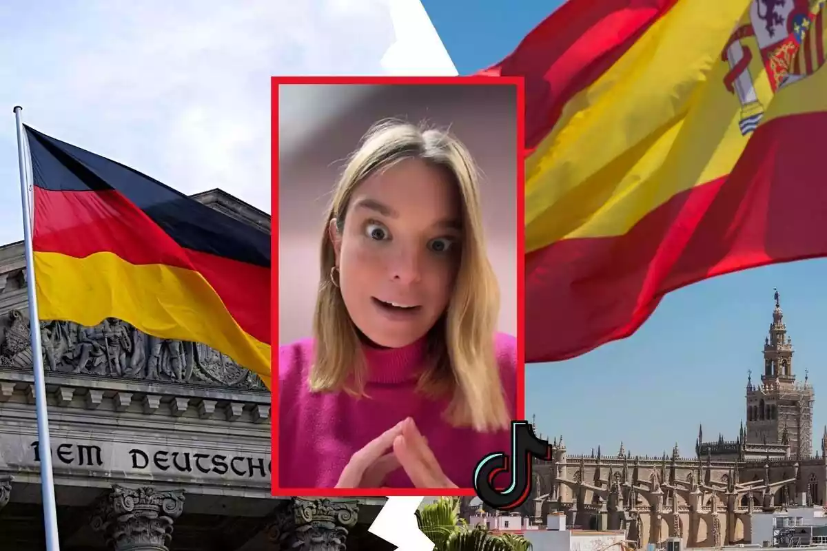 Montaje de fotos de las banderas de España y Alemania enfrentadas y, en el centro, una imagen de la tiktoker @mimiolivan con rostro de sorpresa