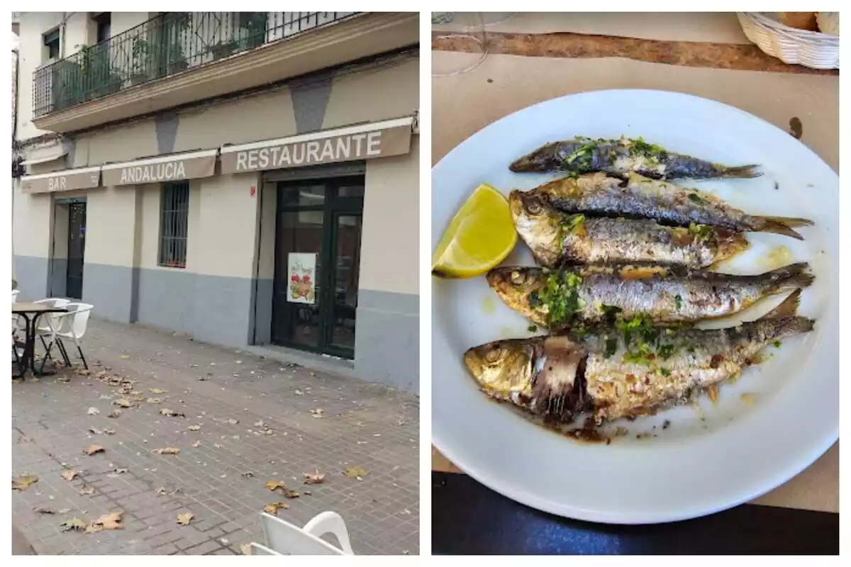 Montaje de dos fotos del Bar Andalucía de Barcelona: una de su exterior y otra de uno de sus platos típicos Montaje de dos fotos del Bar Andalucía de Barcelona: una de su exterior y otra de uno de sus platos típicos