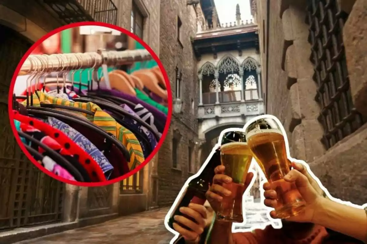 Montaje de fotos de Barcelona, un mercadillo de ropa y gente brindando con cerveza