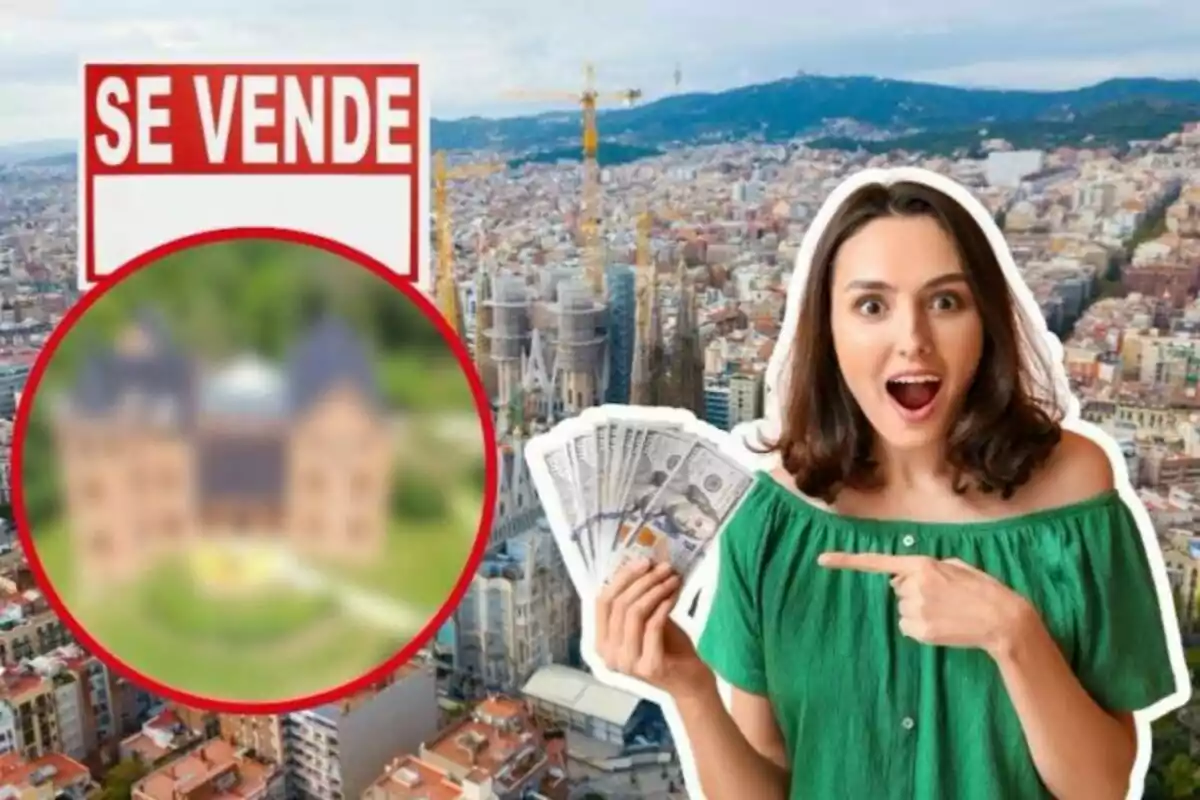 Montaje de fotos de Barcelona, un cartel de se vende, una imagen borrosa y una chica con dinero