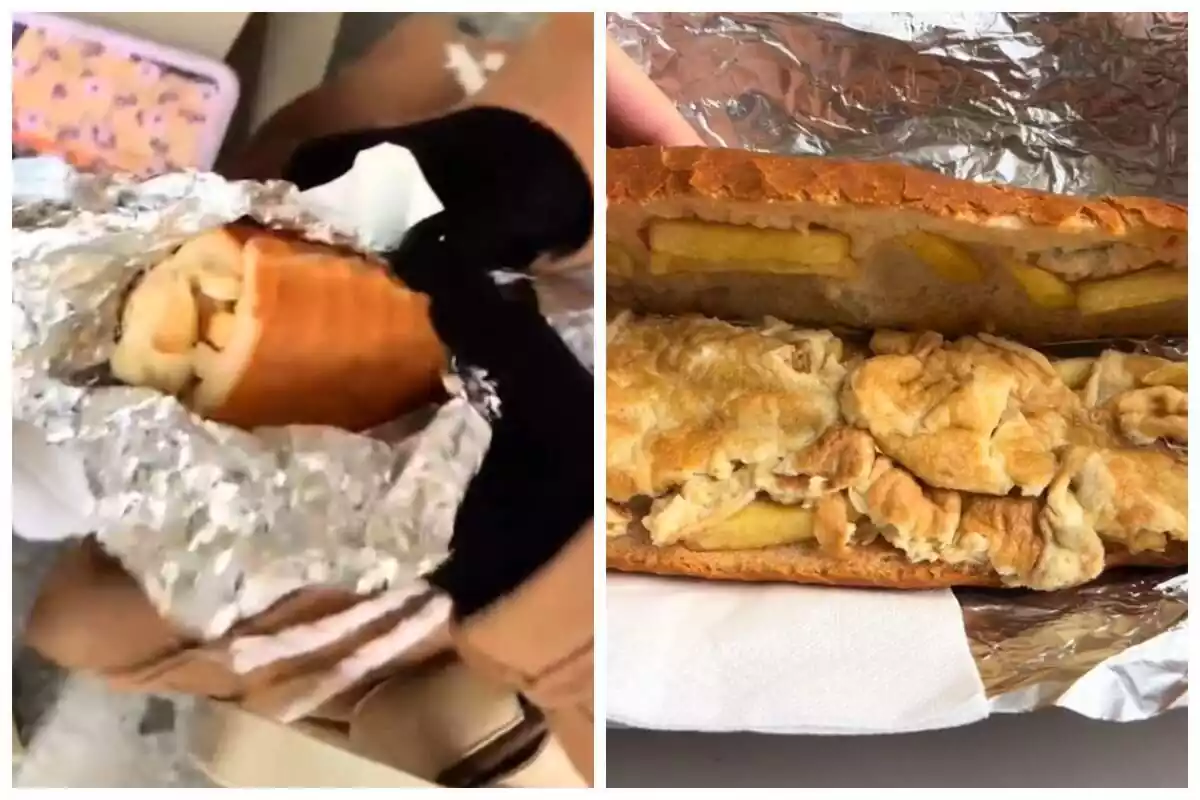 Montaje de fotos de un bocadillo de tortilla de patatas sacadas de un vídeo subido en TikTok por el usuario @Maarttag