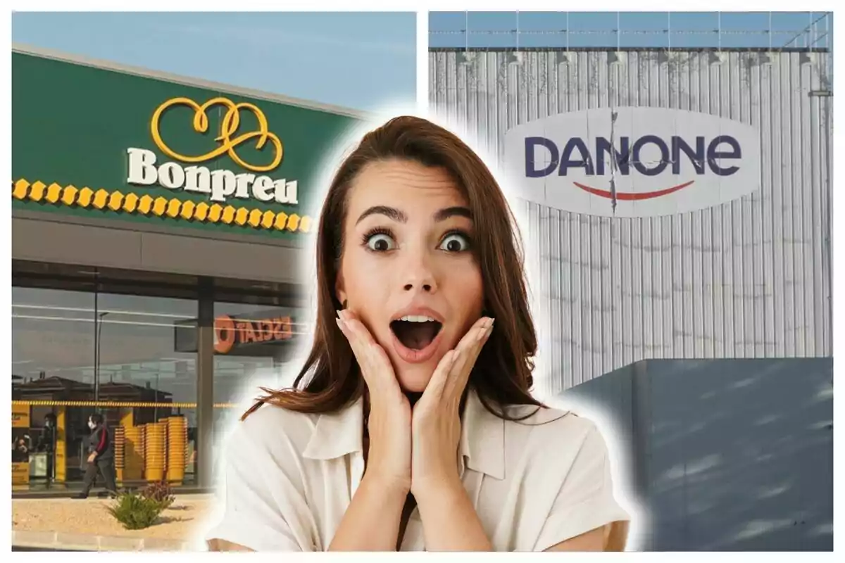 Mujer sorprendida frente a los logos de Bonpreu y Danone.