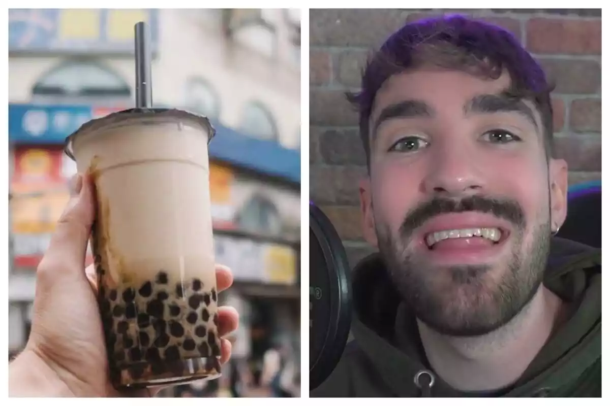 Montaje de fotos de primer plano del tiktoker @Zambranainfor y, al lado, una imagen de una mano sosteniendo un vaso de bubble tea