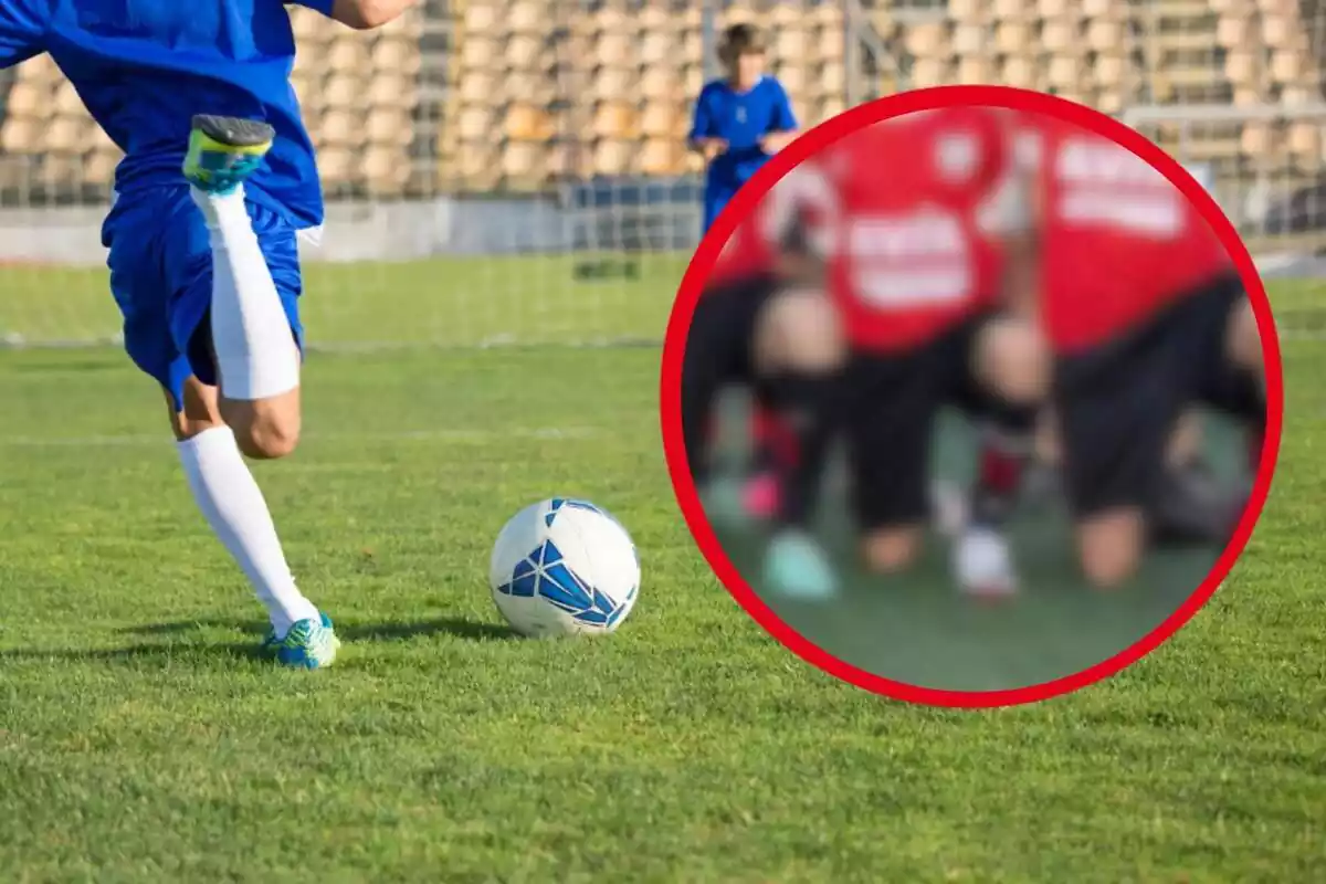 Montaje de fotos del cadete del CD Urki y, al lado, la imagen de recurso de las piernas de un jugador de fútbol sobre el terreno de juego