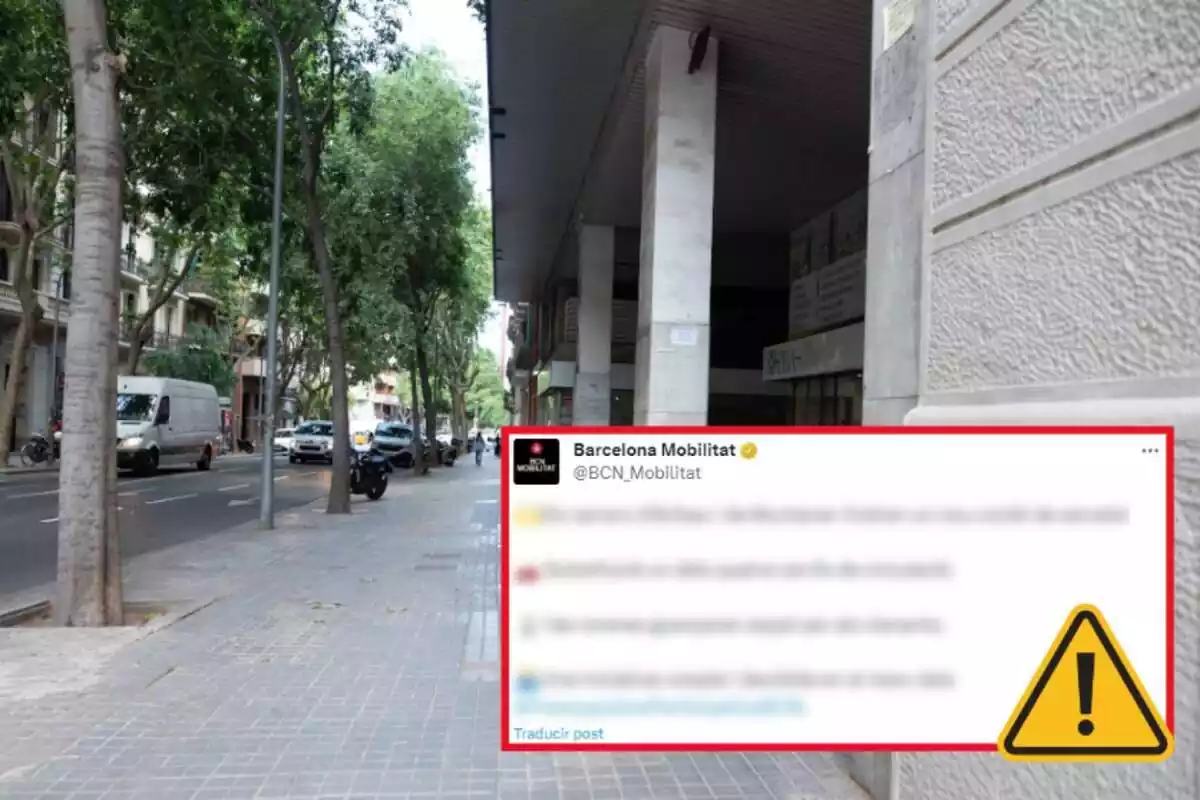Montaje de fotos de una calle de Barcelona con un tweet borroso de la cuenta 'Bcn_Mobilitat' y un emoji de atención