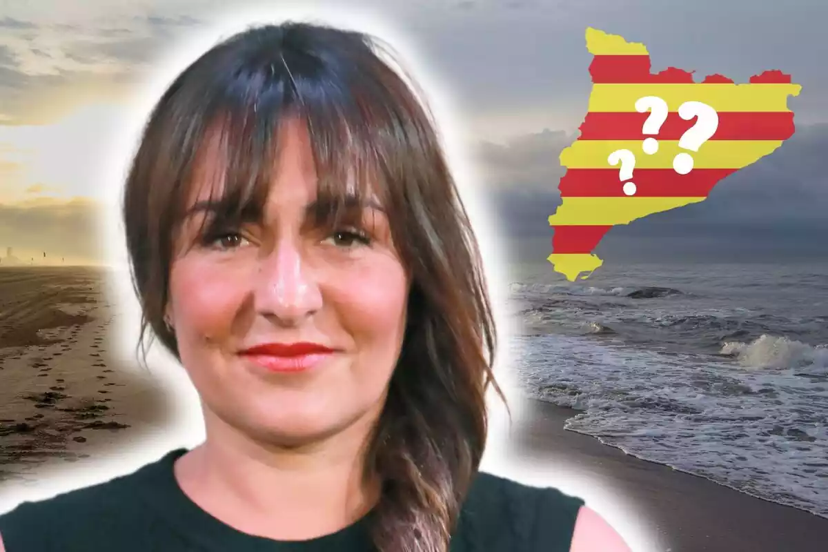 Montaje de fotos de primer plano de Candela Peña con rostro medio sonriente y, de fondo, una imagen de una playa con la silueta de Cataluña e interrogantes