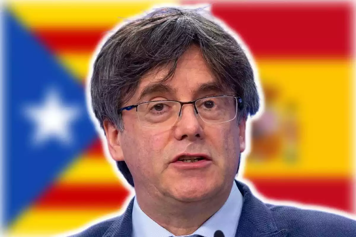 Montaje de fotos de Carles Puigdemont en primer plano, con rostro serio, con las banderas de Cataluña (estelada) y España de fondo