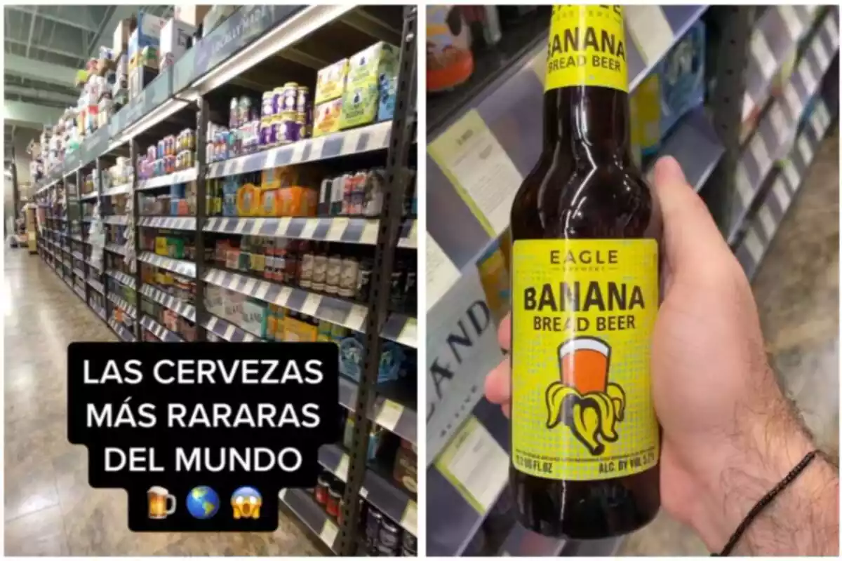 Montaje de fotos de la captura de un vídeo del usuario de TikTok @Sisomosgemelos donde muestran las cervezas más raras del mundo