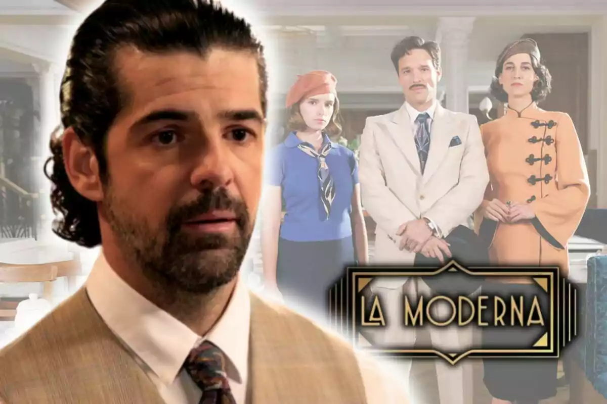 César Morel con barba y cabello oscuro aparece en primer plano, mientras que en el fondo se ven tres personas vestidas con ropa de época y un logotipo que dice "La Moderna".