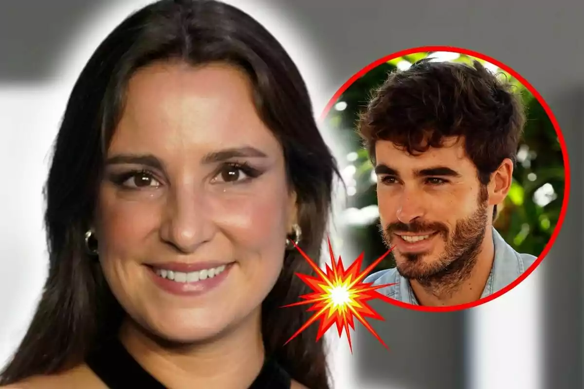 Marta Pombo sonriente en primer plano con la imagen de Luis Zamalloa dentro de un círculo rojo en la esquina superior derecha.