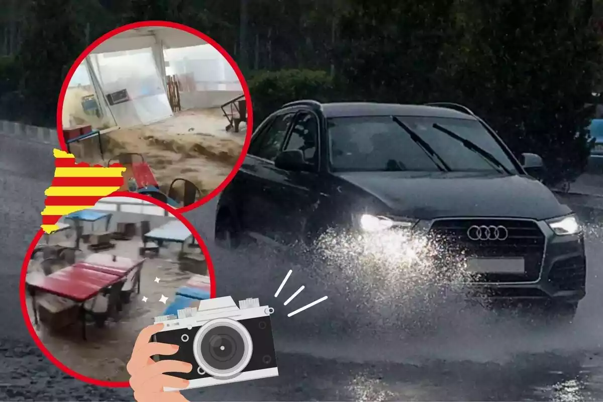 Montaje de fotos de un coche circulando con mucha lluvia que inunda las calles y, al lado, imágenes de los destrozos que ha causado un temporal en Cataluña