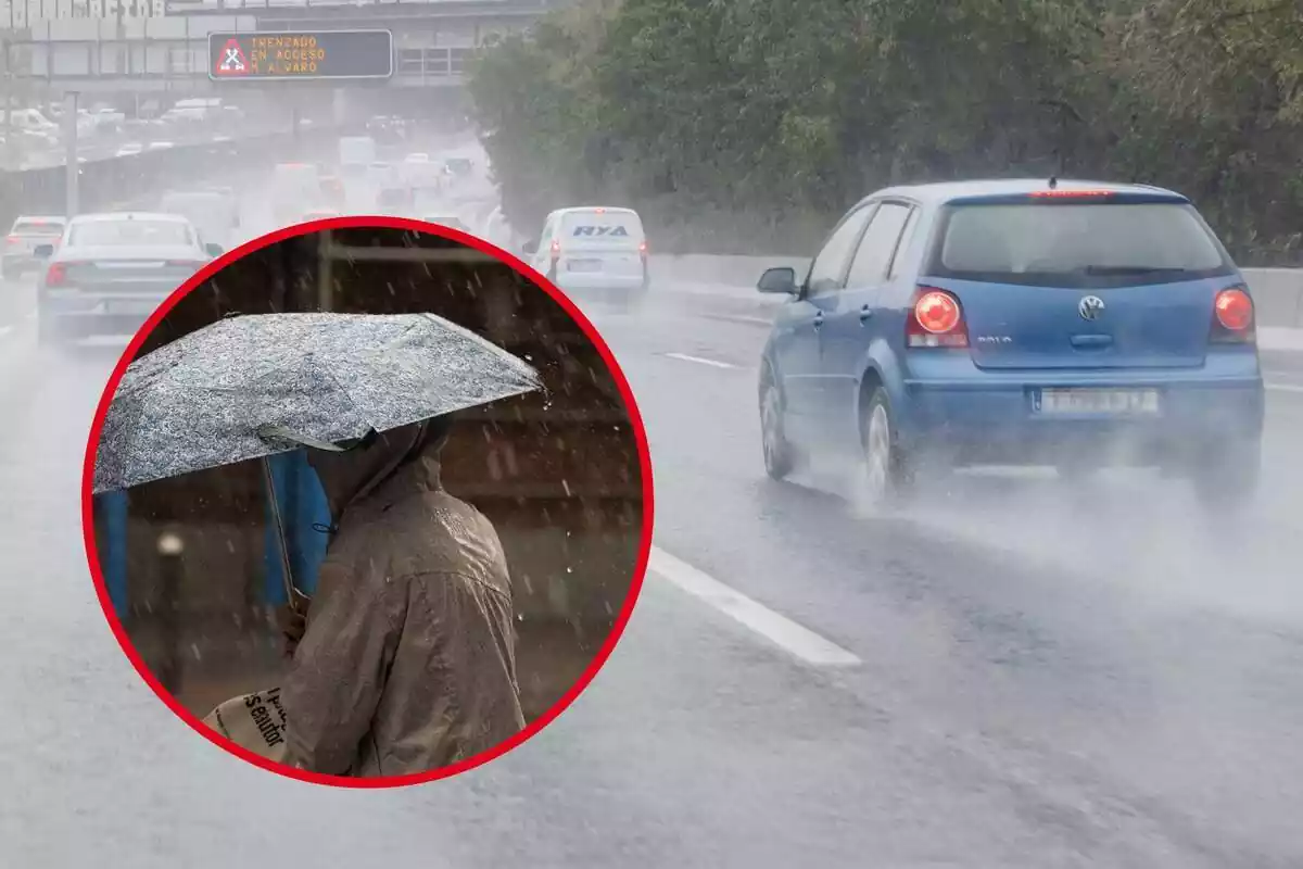 Montaje de fotos de un coche circulando por una carretera con mucha lluvia y, al lado, una persona sujetando un paraguas