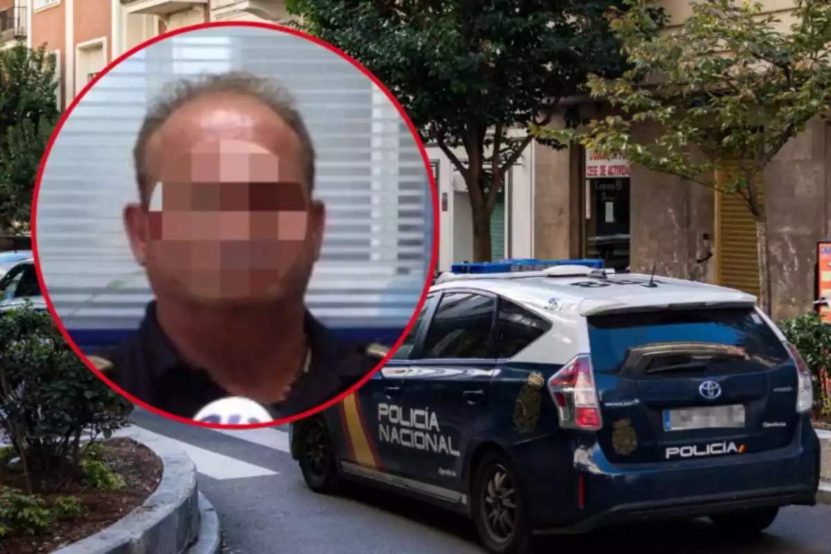 Montaje de fotos de un coche de policía nacional estacionado en la calle y, al lado, la imagen de un inspector de policía local de un municipio gaditano con la cara pixelada