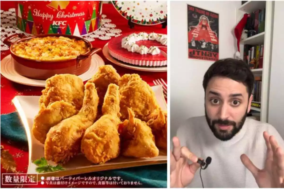 Montaje de foto del tiktoker Manu Vision y, al lado, una imagen del producto popular de KFC de Japón por Navidad