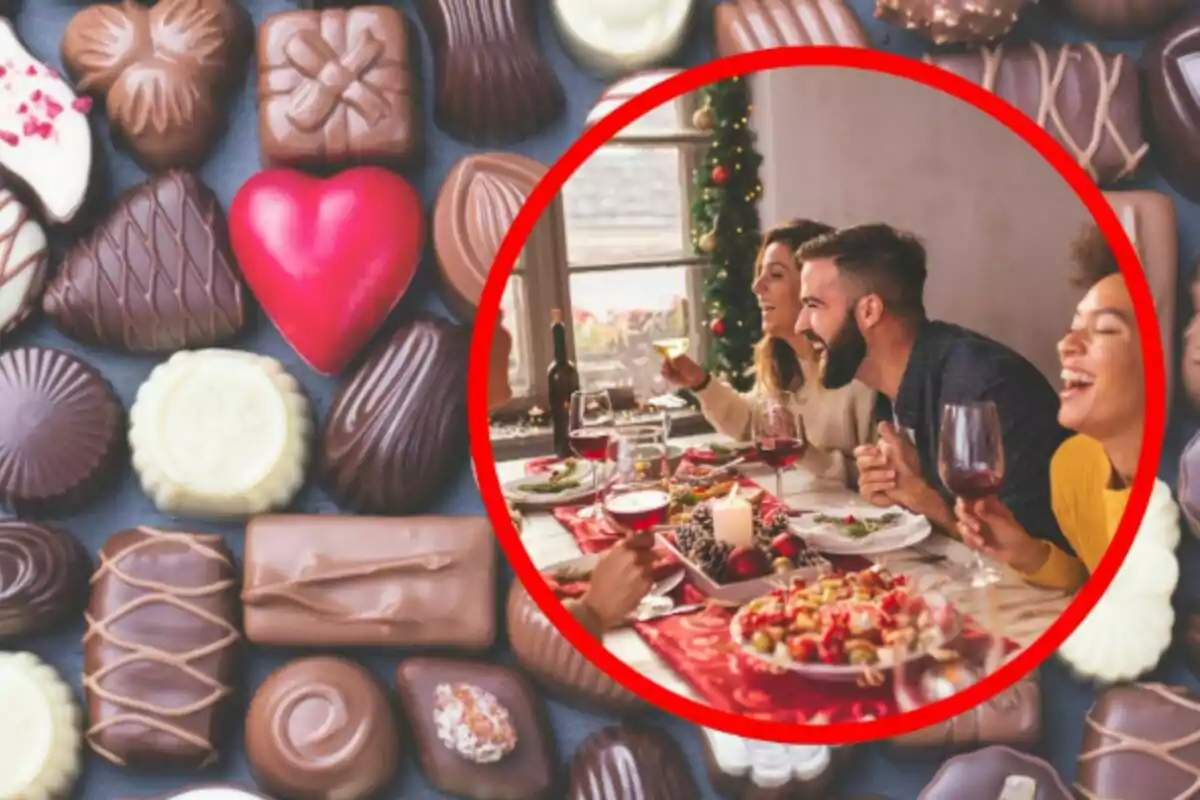Una mesa festiva con personas disfrutando de una comida rodeada de chocolates variados. Una mesa festiva con personas disfrutando de una comida rodeada de chocolates variados.
