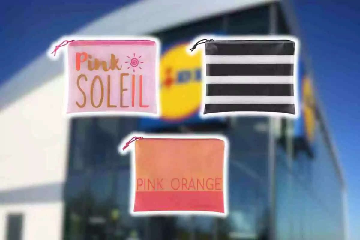 Tres neceseres de diferentes colores y diseños flotan frente a la fachada de una tienda Lidl desenfocada Tres neceseres de diferentes colores y diseños flotan frente a la fachada de una tienda Lidl desenfocada